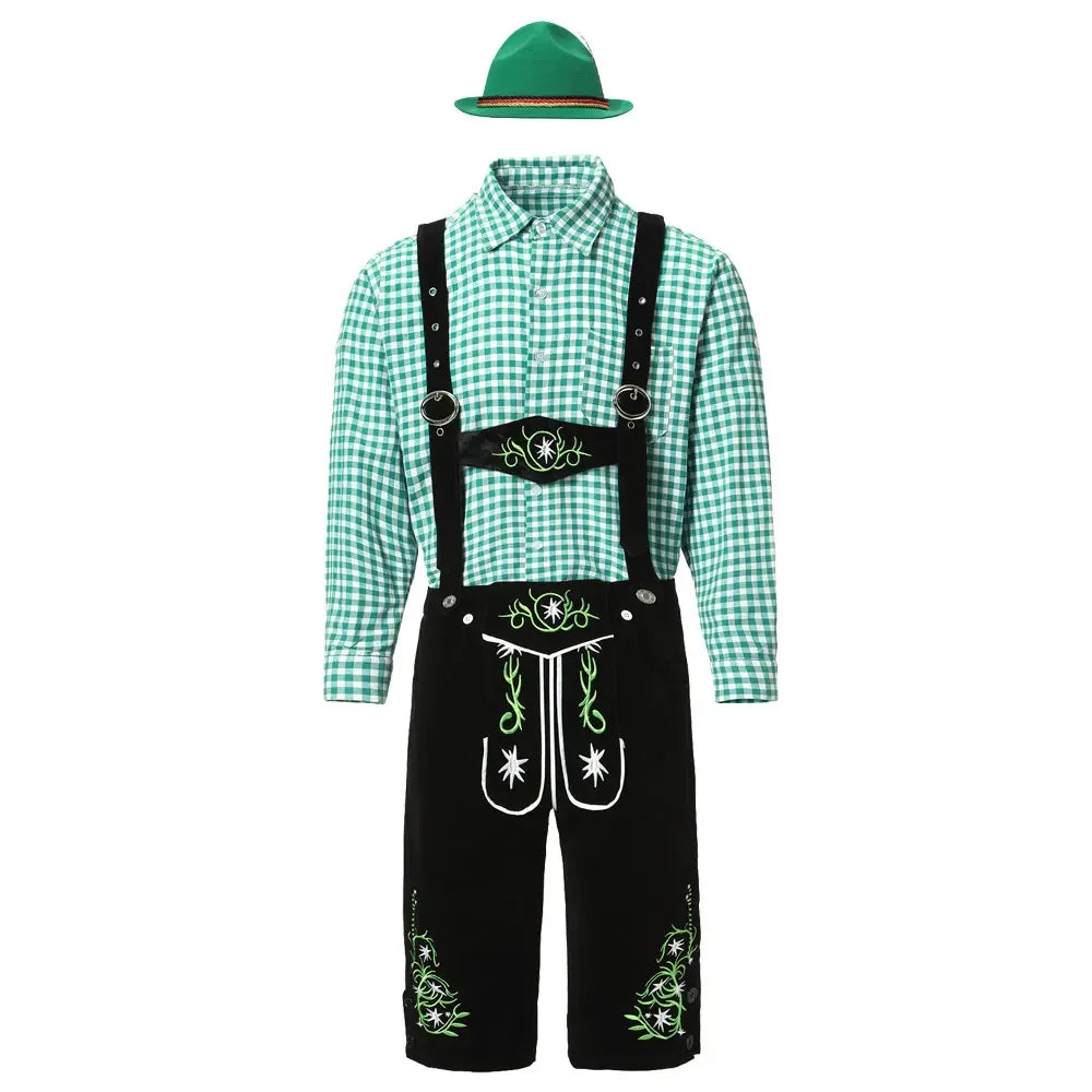 Herenklederdrachtset met geruit overhemd, leren broek en borduursel in groen en bruin