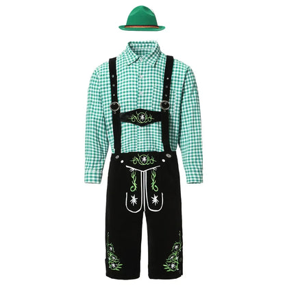 Herenklederdrachtset met geruit overhemd, leren broek en borduursel in groen en bruin