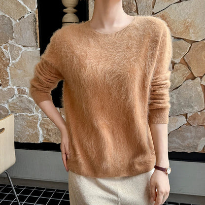 Damen Flauschiger Pullover Rundhalsausschnitt Langarm