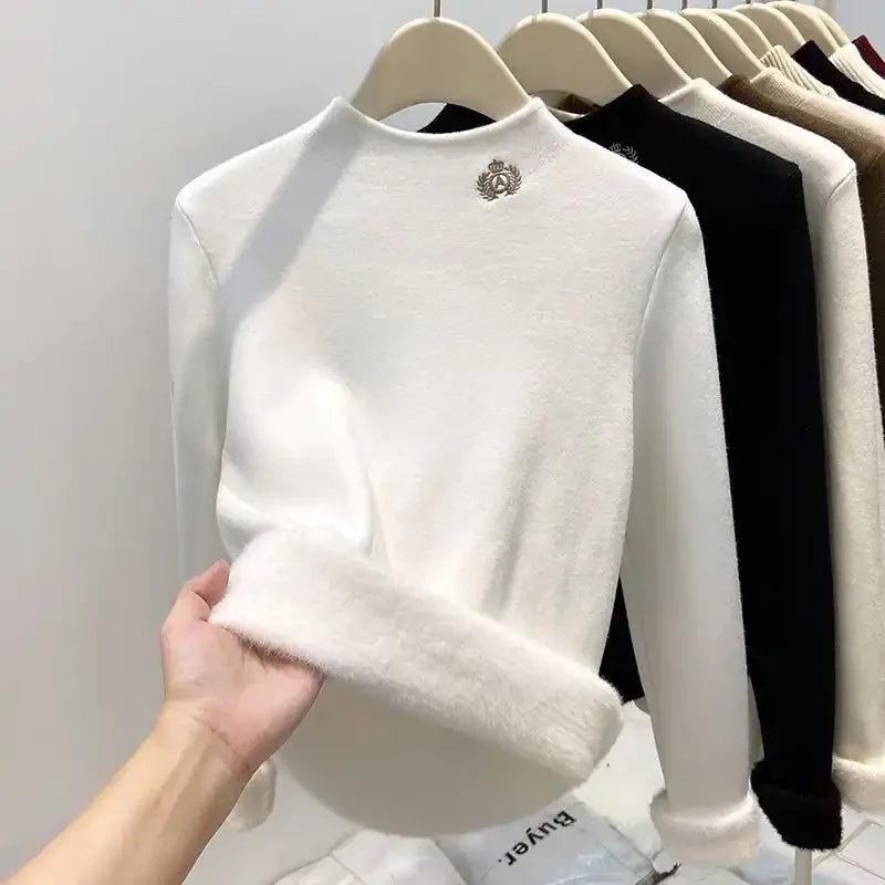 Damen Half-Rollkragen Pullover mit Plüschfutter Langarm