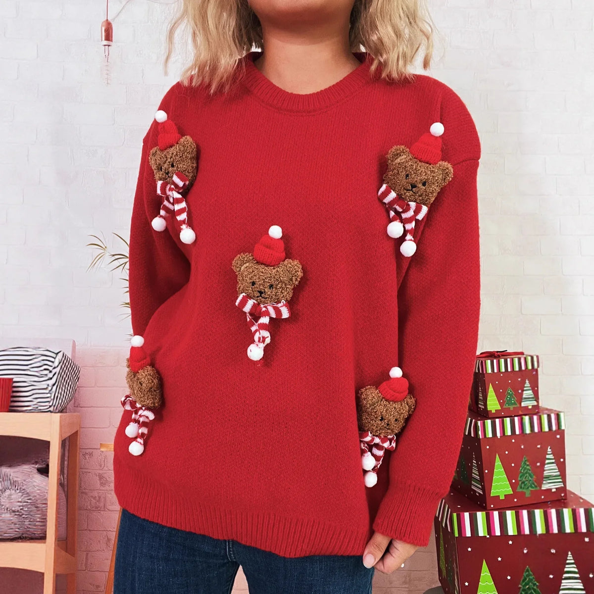 Weihnachtspullover mit Teddybär-Applikationen Rot Rundhalsausschnitt Damen