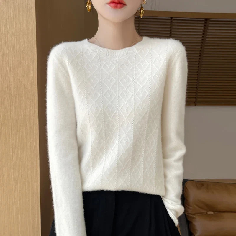 Damen Strickpullover Rundhals mit Rautenmuster Langarm