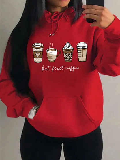 Damen Hoodie mit Kaffeebecher-Print "but first coffee" und Kängurutasche