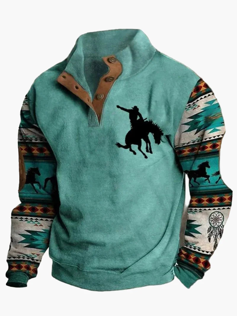 Herre western retro genser med cowboy-trykk – Vintage fritidsmote for utendørs og hverdag