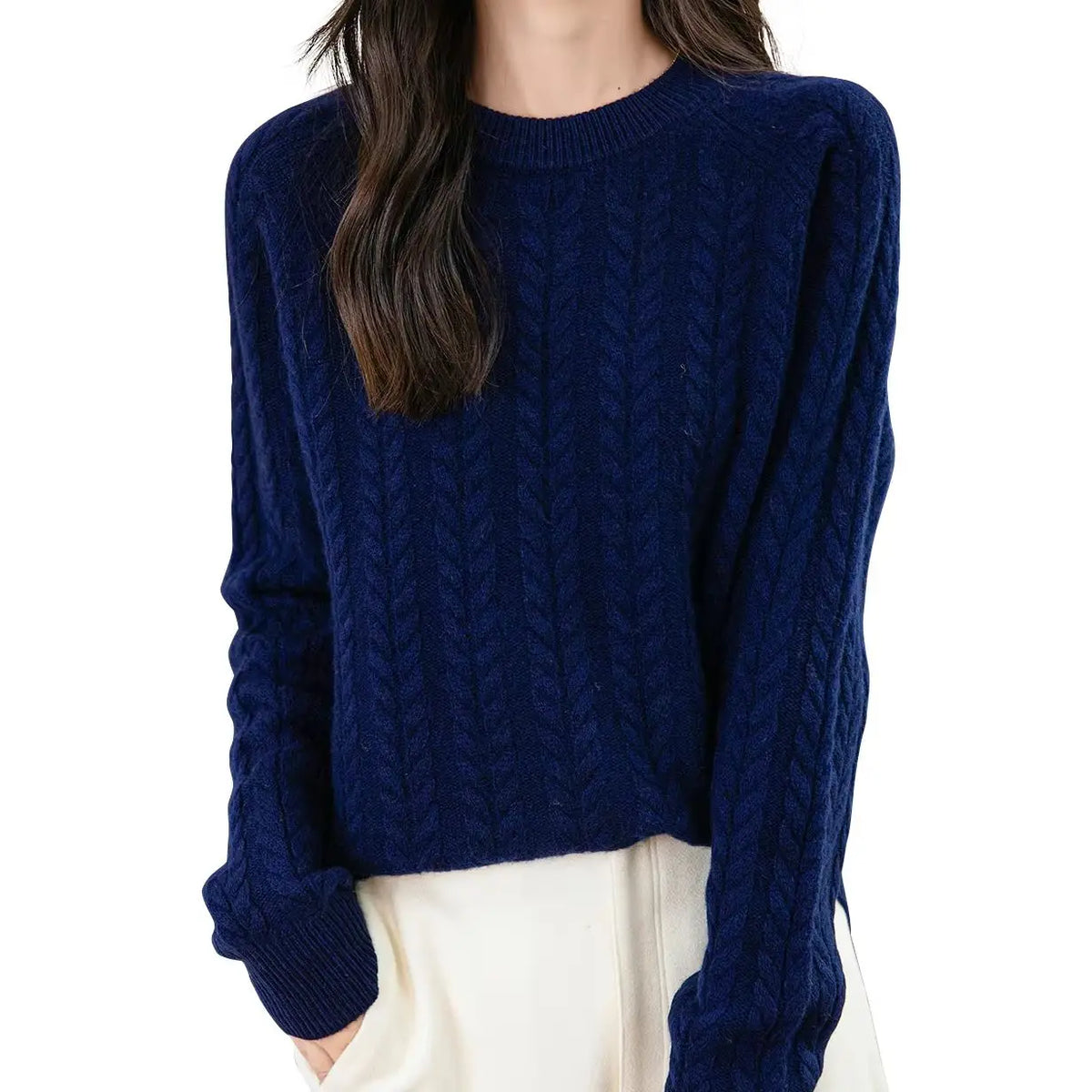 Maglione da donna con motivo a trecce, collo rotondo, maniche lunghe, lavorato a maglia