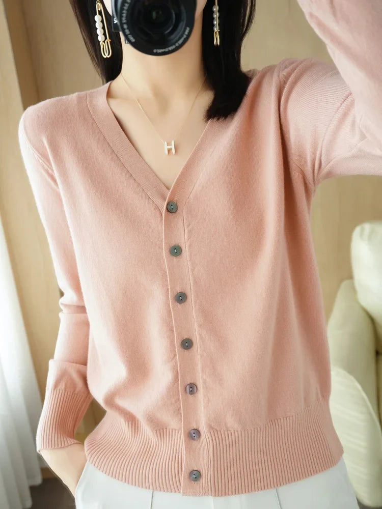 Damen Strickjacke V-Ausschnitt Knopfleiste Langarm Cardigan