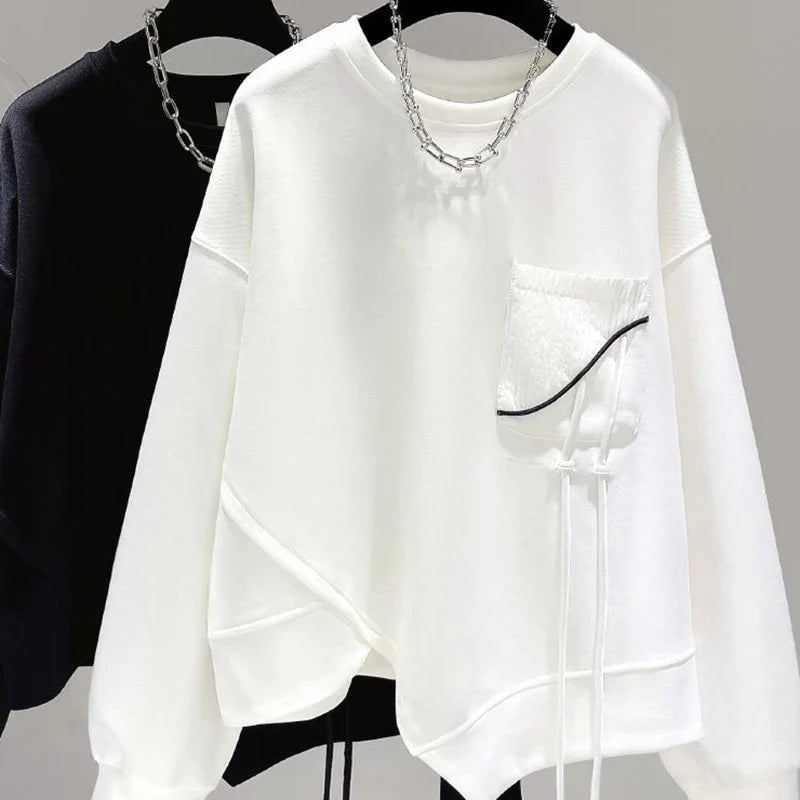 Unisex Pullover mit Rundhalsausschnitt, Asymmetrischer Saum & Brusttasche, Langarm Sweatshirt für Damen und Herren