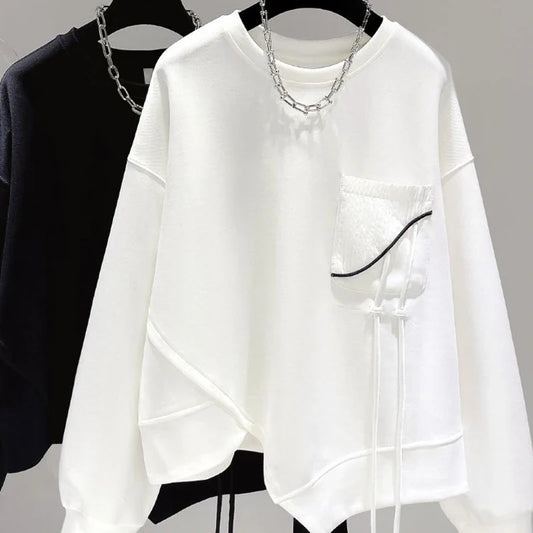 Sudadera unisex con cuello redondo, dobladillo asimétrico y bolsillo en el pecho, sudadera de manga larga para mujer y hombre