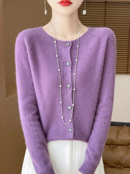Damen Strickjacke mit Rundhalsausschnitt, Knopfleiste und langen Ärmeln, meliert grau