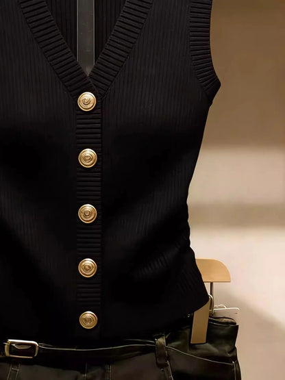 Gilet da donna in maglia nero con scollo a V e bottoni dorati