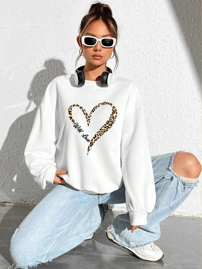 Sweat-shirt bleu pour femme avec imprimé cœur léopard, col rond et manches longues
