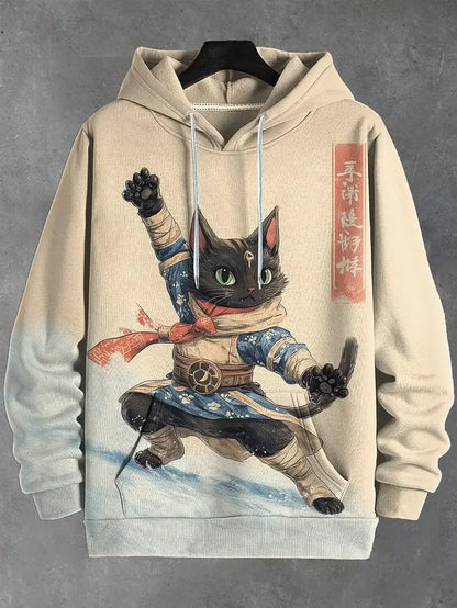 Unisex Kapuzenpullover mit Katzen-Motiv Print Kängurutasche
