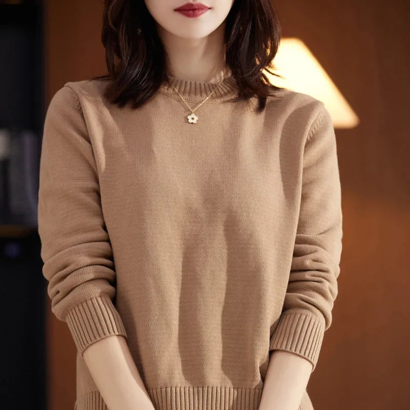 Damen Pullover Rundhals Langarm Strickpullover Rippbündchen Unifarben