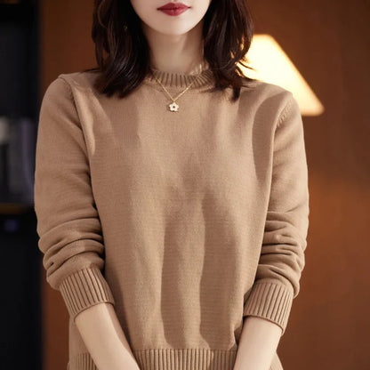 Damen Pullover Rundhals Langarm Strickpullover Rippbündchen Unifarben