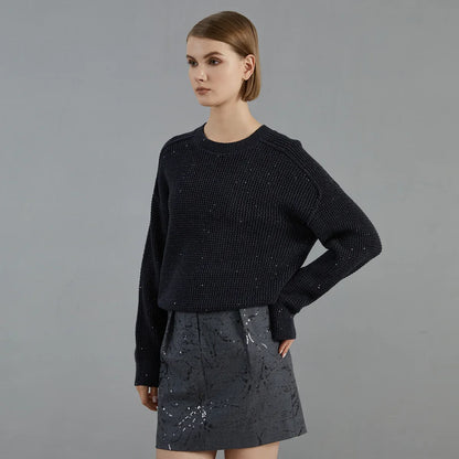 Damen Strickpullover mit Rundhalsausschnitt und Waffelstruktur