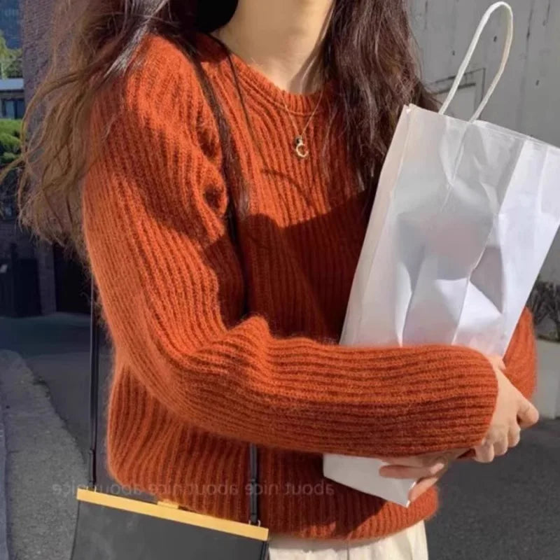 Pullover da donna lavorato a maglia grossa, girocollo, color ruggine