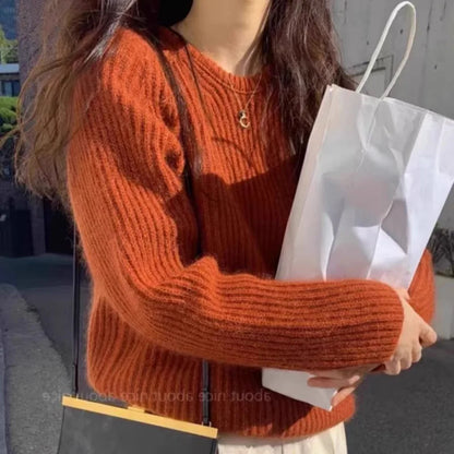Pullover da donna lavorato a maglia grossa, girocollo, color ruggine