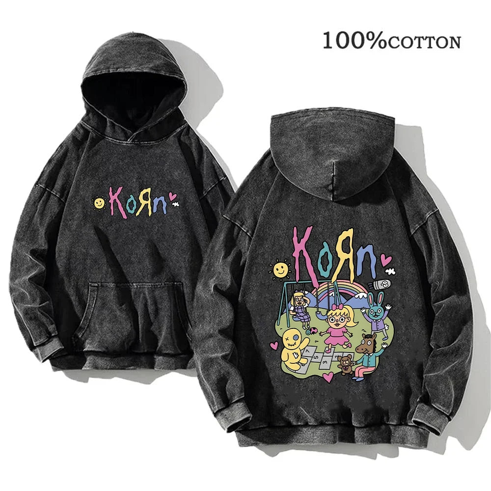 Unisex Kapuzenpullover Grau mit Band-Print & Kängurutasche