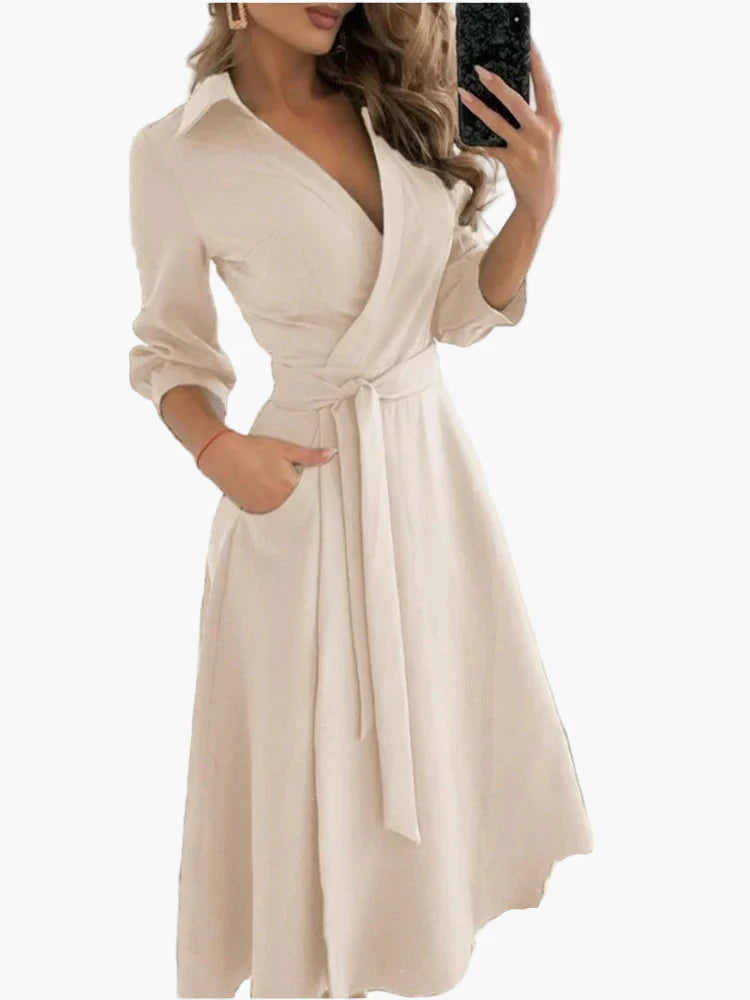 Damen Wickelkleid mit Gürtel und Kragen – Eleganter Alltags- & Büro-Look