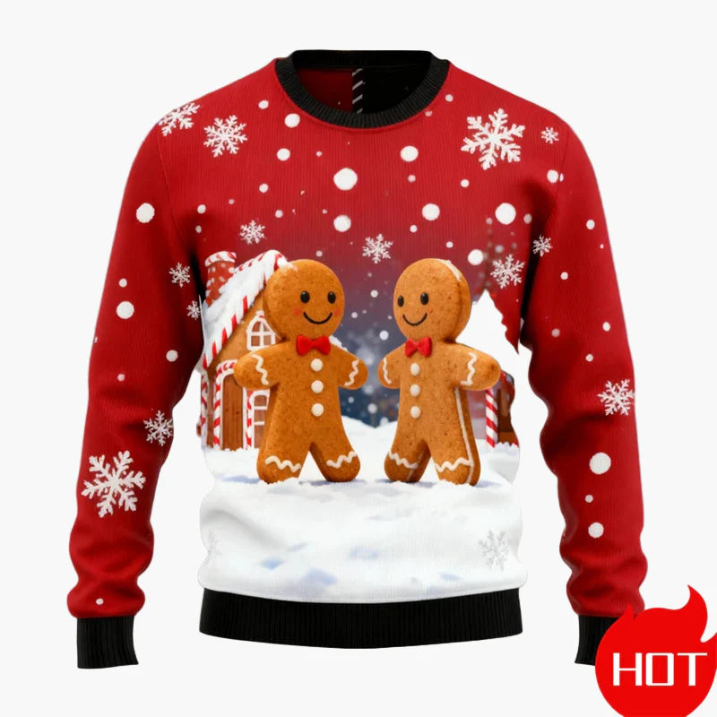 Pull de Noël pour homme avec bonhomme en pain d’épices, maison en pain d’épices et sapin – Pull moche festif et amusant
