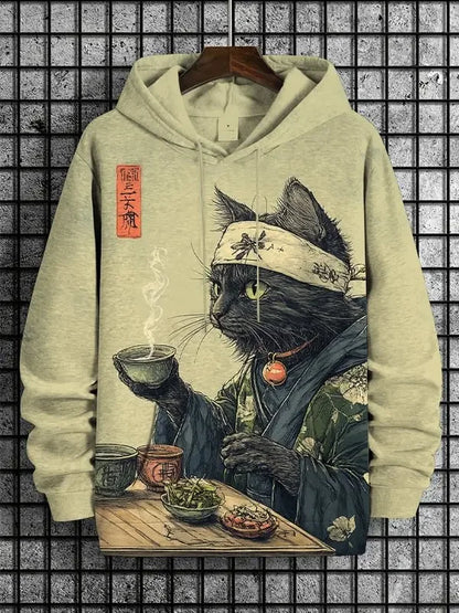 Unisex Kapuzenpullover mit Katzen-Motiv Print Kängurutasche
