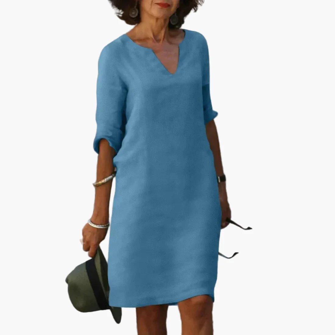 Abito da donna con scollo a V e maniche 3/4 – Abito casual e quotidiano senza tempo, elegante
