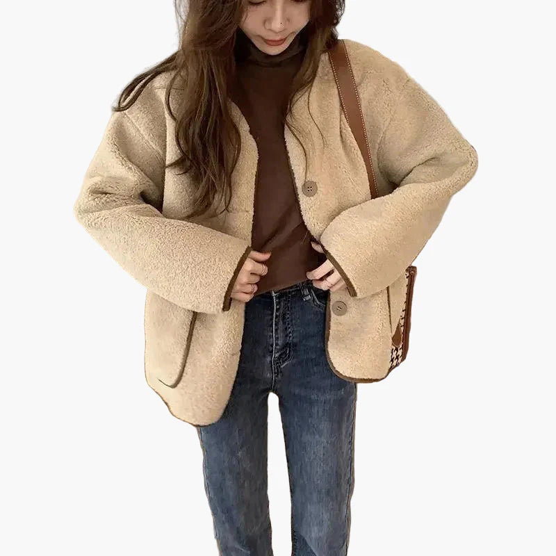 Chaqueta teddy oversize para mujer con botones y grandes bolsillos – Estilo street relajado para otoño e invierno