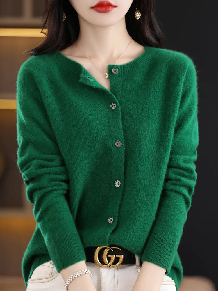 Damen Strickjacke mit Rundhalsausschnitt, Knopfleiste und langen Ärmeln, meliert grau
