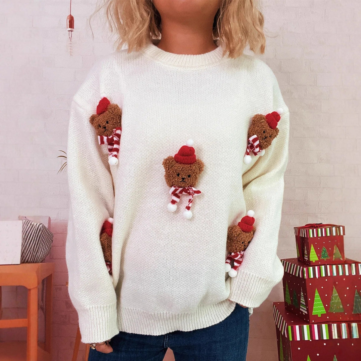 Weihnachtspullover mit Teddybär-Applikationen Rot Rundhalsausschnitt Damen