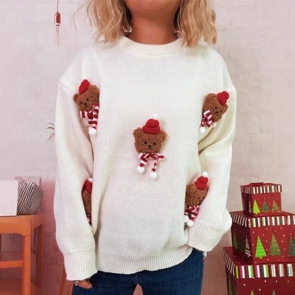 Weihnachtspullover mit Teddybär-Applikationen Rot Rundhalsausschnitt Damen