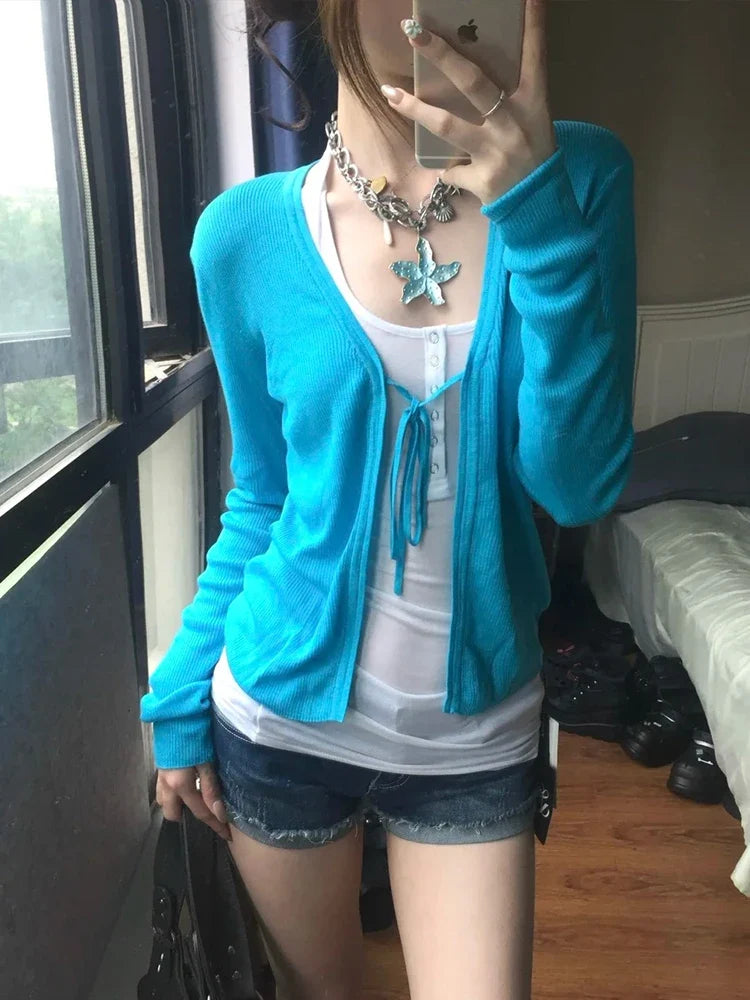 Cardigan da donna in maglia con scollo a V, maniche lunghe, blu