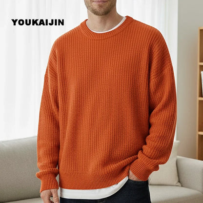 Pullover da uomo in maglia, girocollo, maglia grossa, tinta unita