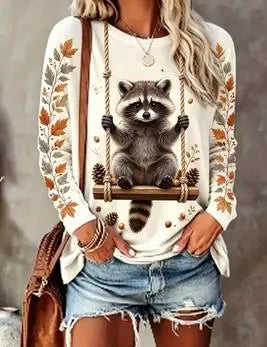Damen Langarmshirt mit Tier- und Herbstlaub-Print