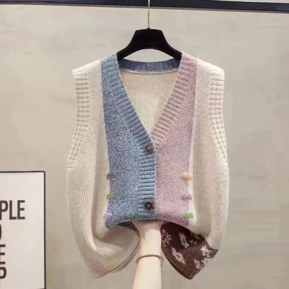 Gilet da donna in maglia con scollo a V, bordi a contrasto, con bottoni