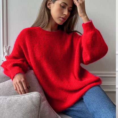 Damen Oversize Strickpullover Rundhals Rippstrick