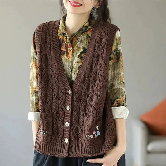 Gilet en maille pour femme avec col en V et boutons, coupe courte