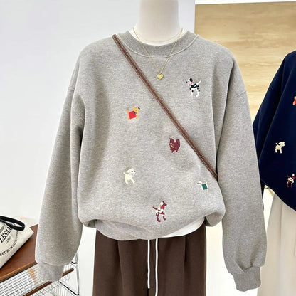 Sweat-shirt unisexe à col rond avec broderie de motifs de chiens