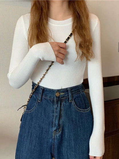 Pullover a maniche lunghe da donna, a coste, girocollo, top in vari colori