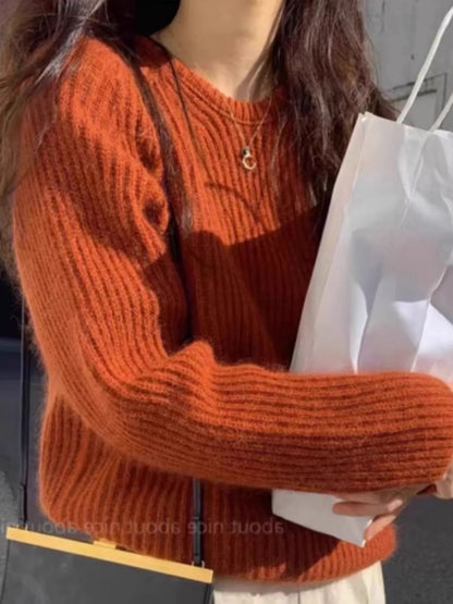 Pullover da donna lavorato a maglia grossa, girocollo, color ruggine