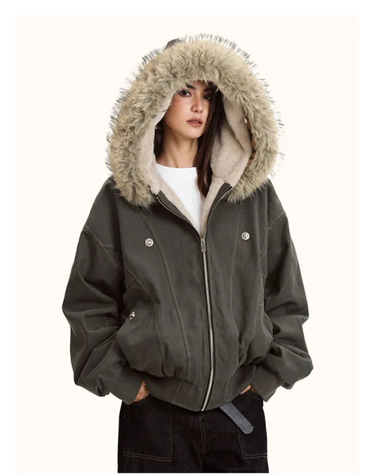 Damen Bomberjacke mit Kapuze und Kunstpelzbesatz, Winterjacke gefüttert