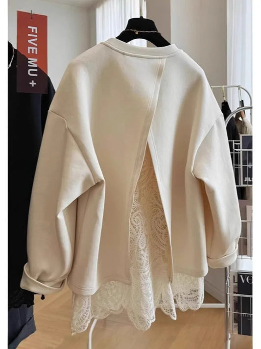 Sweat-shirt pour femme avec superposition en dentelle et dos ouvert - noir ou crème