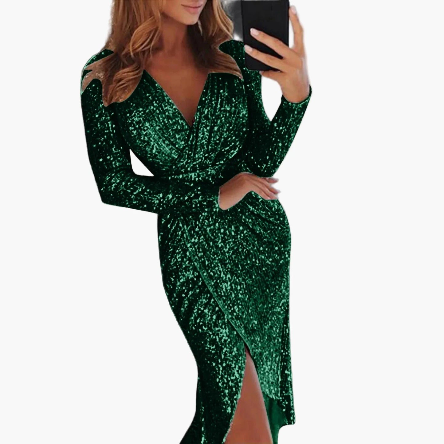 Abito Donna Elegante con Paillettes, Scollo Profondo a V, Effetto Incrociato e Arricciature – Abito da Sera & Festa a Maniche Lunghe per Occasioni Speciali