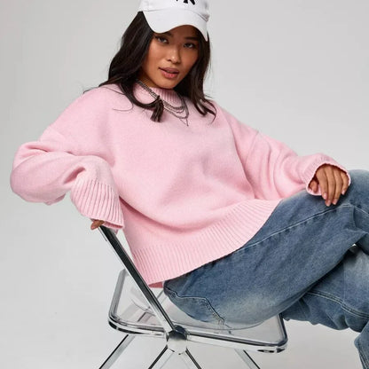 Damestrikpullover med rund hals, lange ærmer, oversize