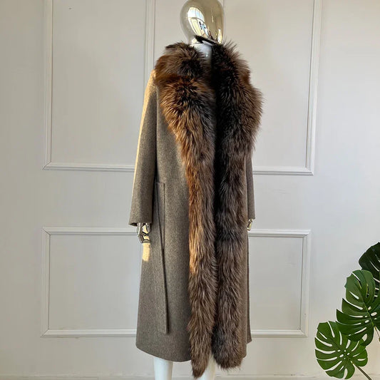 Lang damekåpe med pelskrage-look, brun