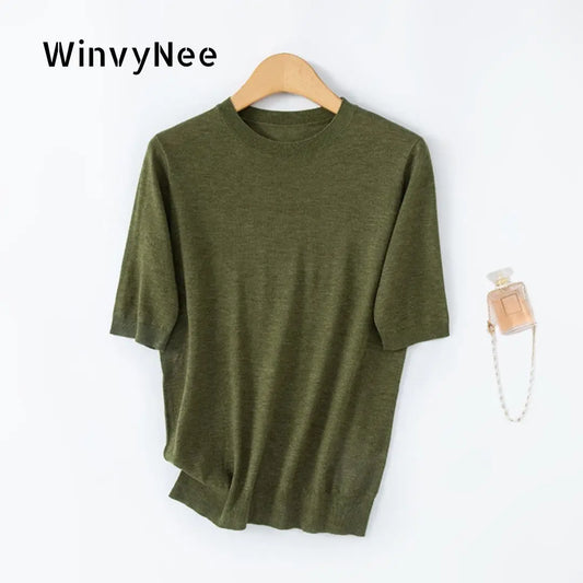Pull en maille à manches courtes pour femme, col rond, doux