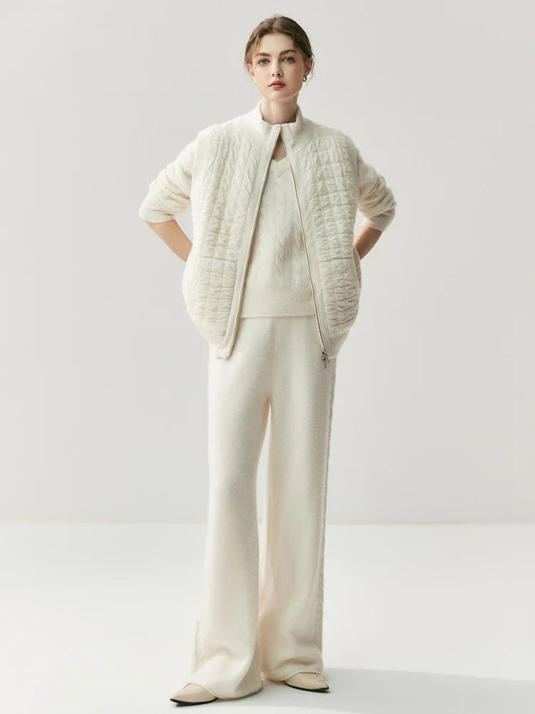 Gilet matelassé en maille pour femme avec fermeture éclair, col montant, crème