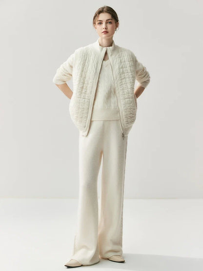 Gilet matelassé en maille pour femme avec fermeture éclair, col montant, crème