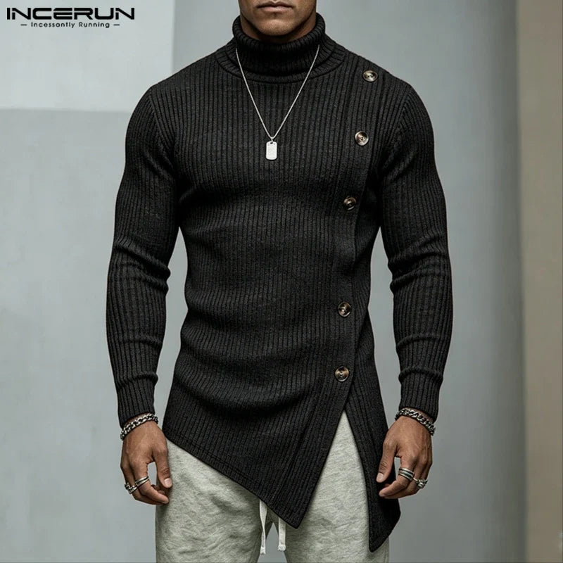 Herren Rollkragenpullover Asymmetrischer Strickpullover mit Knöpfen