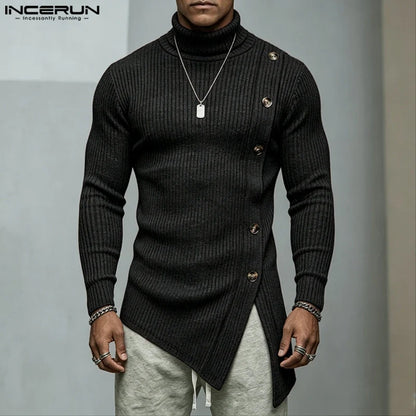 Herren Rollkragenpullover Asymmetrischer Strickpullover mit Knöpfen