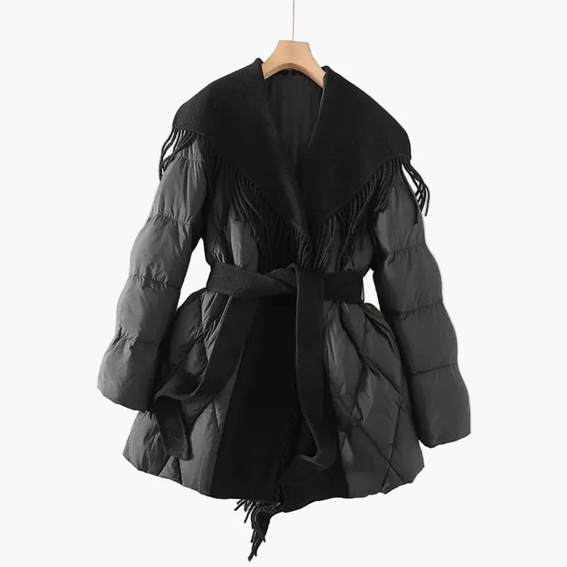 Cappotto trapuntato invernale da donna con frange e cintura – Stile coreano alla moda, comodo cappotto di mezza stagione